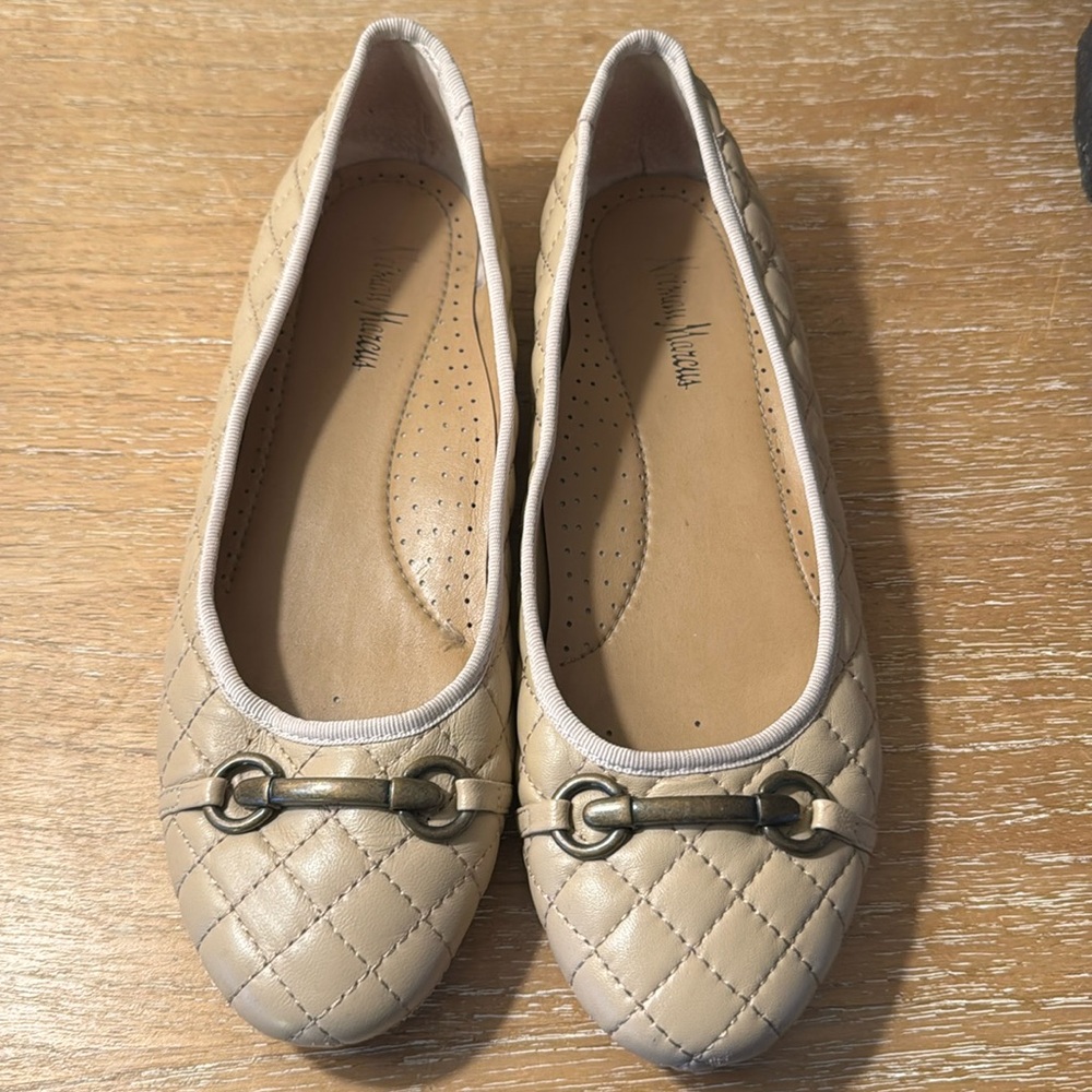 Neiman Marcus quilted tan ballet slippers with metal detail